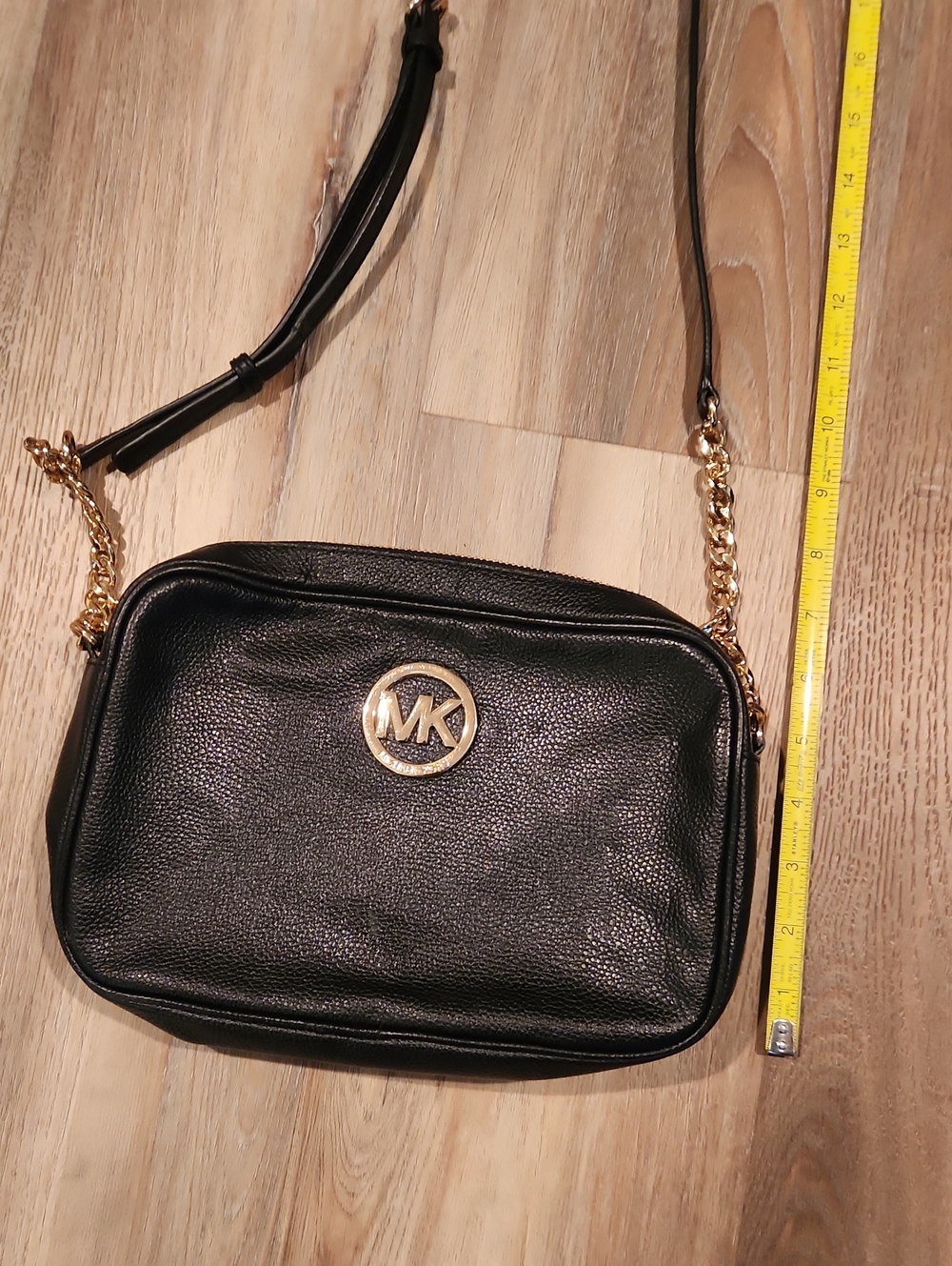 Michael Kors Black Leather Crossbody with Gold Chain Accent